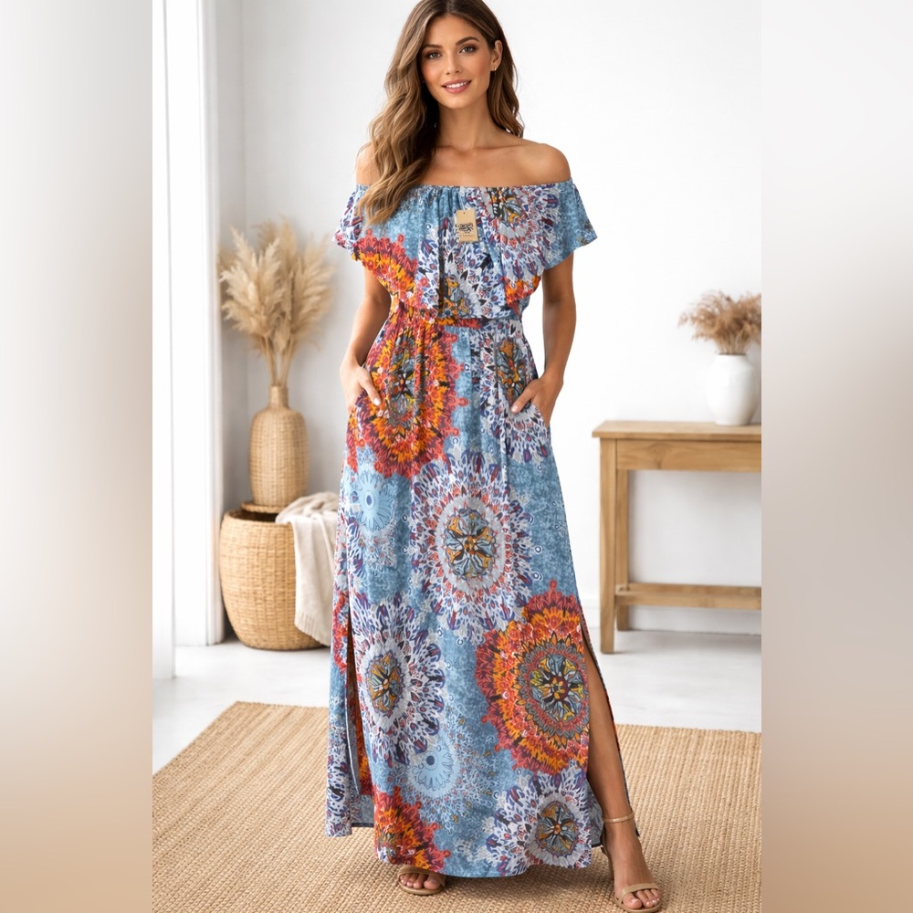VERABENDI Boho Maxi Dress Size Large | Off or On Shoulder | Pockets | - Picture 2 of 4